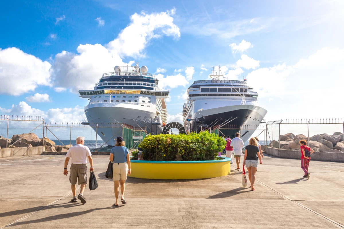 people walking up to two cruise ships in port