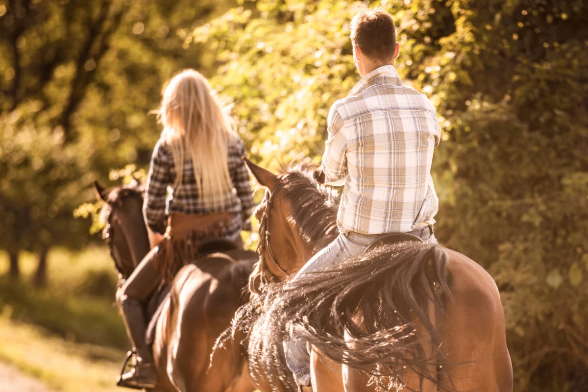 a couple riding horses