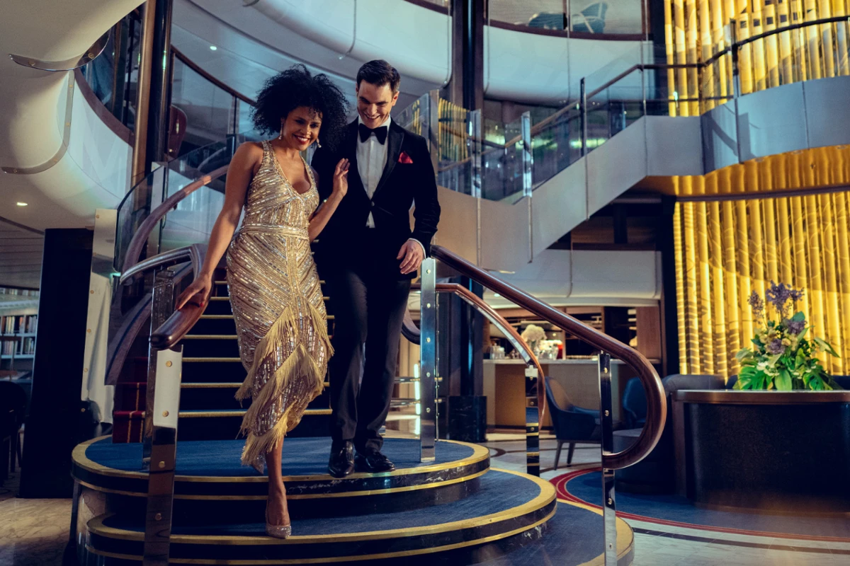 couple in formal wear on cruise ship